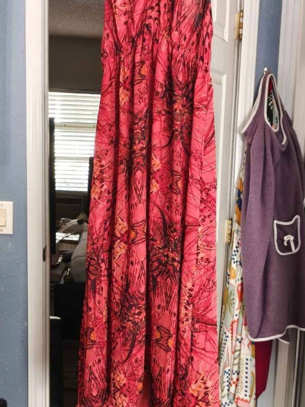 Coral Orange Abstract Floral Asymetrical Length Maxi Dress
